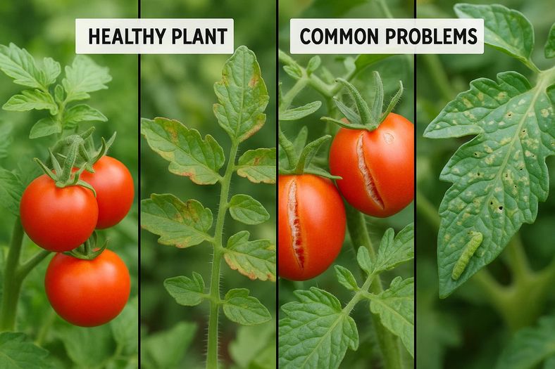 Common tomato plant problems showing diseased leaves and affected fruits
